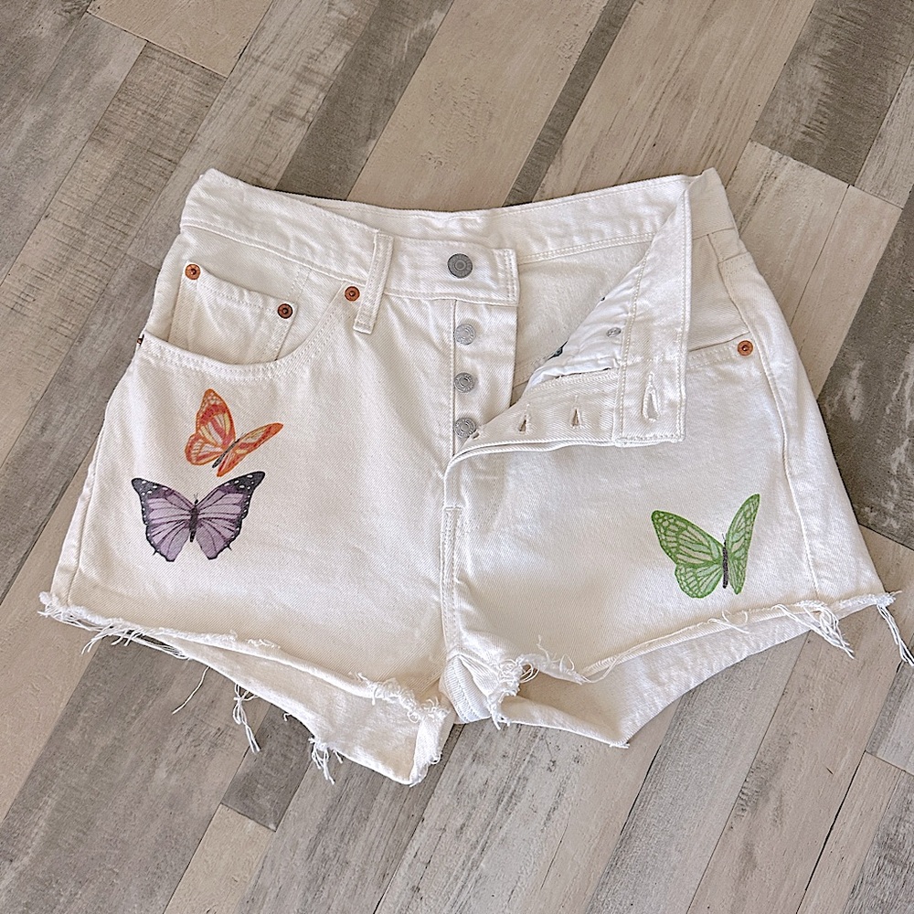 Levi's 501 Button Fly Butterfly High-Rise Off-white Denim Cutoffs Shorts